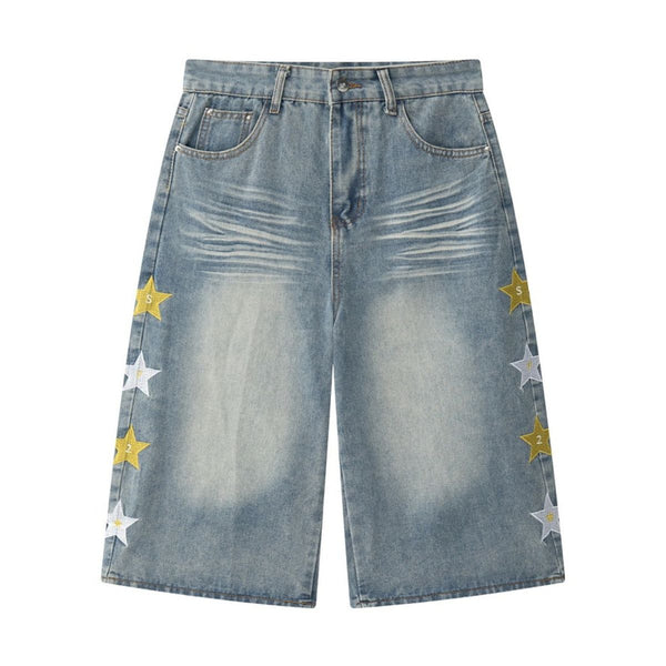 Star Print Washed Denim Capri Shorts