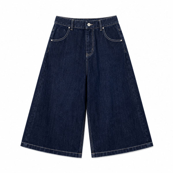 Raw Indigo Wide Leg Denim Shorts