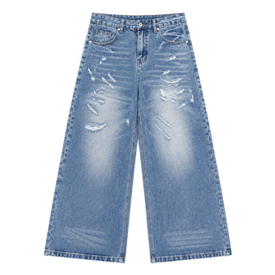 Bleached Rip Curved Wide Leg Denim Jeans