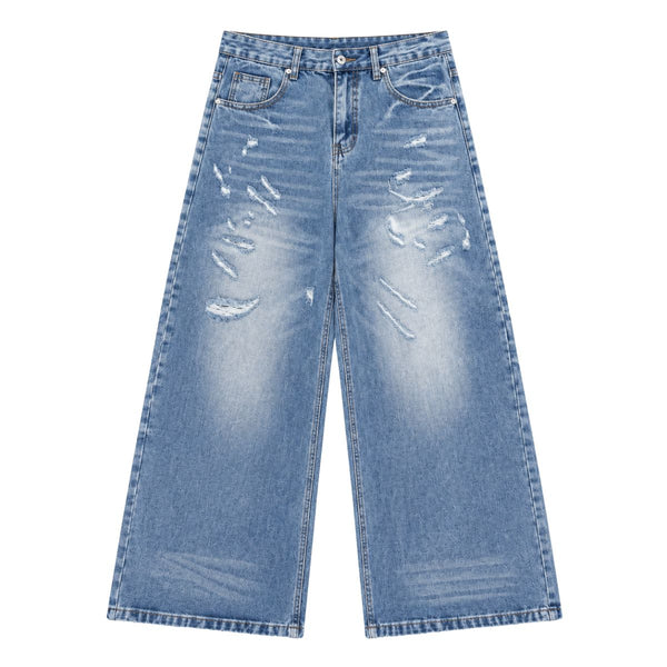 Bleached Rip Curved Wide Leg Denim Jeans