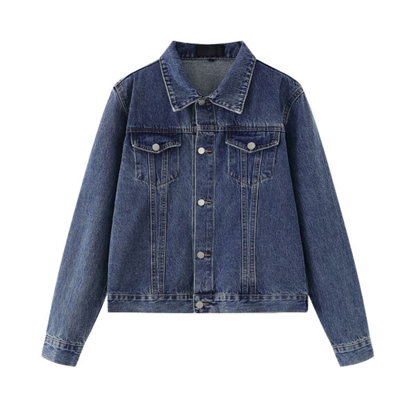 Unisex Commuter Workwear Style Single-breasted Lapel Straight Denim Jacket