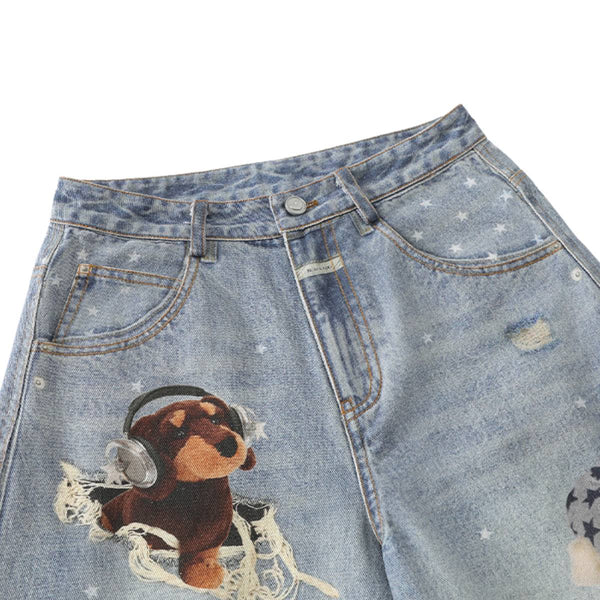 Washed Vintage Star Print Dog Distressed Relaxed Wide-Leg Bermuda Shorts