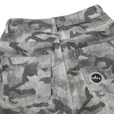 Washed Camo Graffiti Bear Patch Relaxed Wide-Leg Utility Bermuda Shorts
