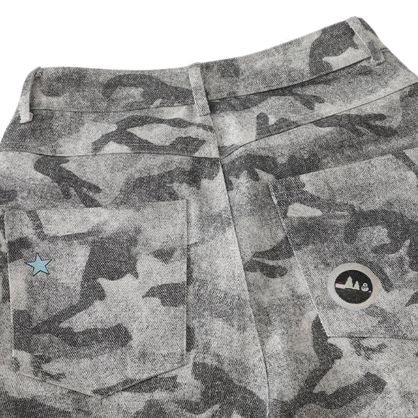Washed Camo Graffiti Bear Patch Relaxed Wide-Leg Utility Bermuda Shorts