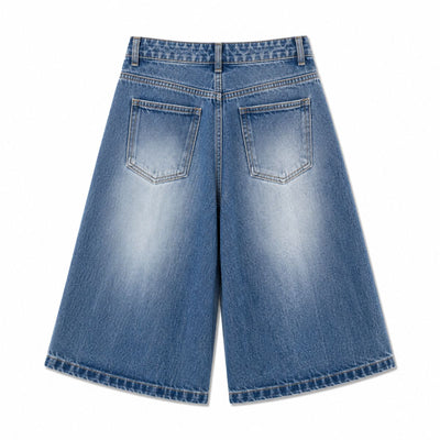 Stretch Whiskered Wide Leg Denim Shorts