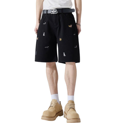 Dog Embroidery Loose Fit Denim Shorts