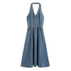 Halter Neck A-Line Denim Midi Dress