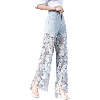 Rhinestones & Sequins Cut-Out Wide-Leg Jeans