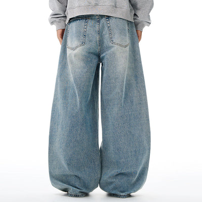 Relaxed Fit Wide Leg Denim Jeans Vintage Washed
