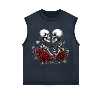 Skeletons Roses Love Valentine Sleeveless Faded Tee-INNBLAC