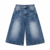 Vintage Scratched Wash Wide Leg Denim Shorts