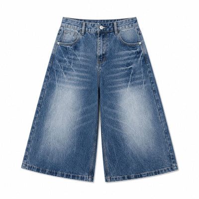 Vintage Scratched Wash Wide Leg Denim Shorts