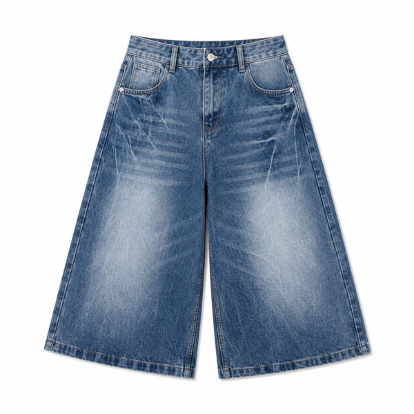 Vintage Scratched Wash Wide Leg Denim Shorts
