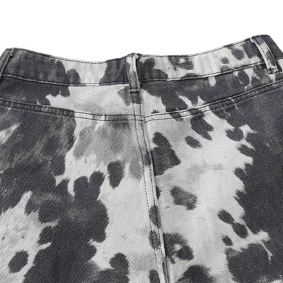 Washed Ink Dye Cow Print Cargo Pocket Relaxed Wide-Leg Bermuda Denim Shorts