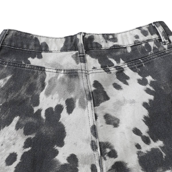 Washed Ink Dye Cow Print Cargo Pocket Relaxed Wide-Leg Bermuda Denim Shorts