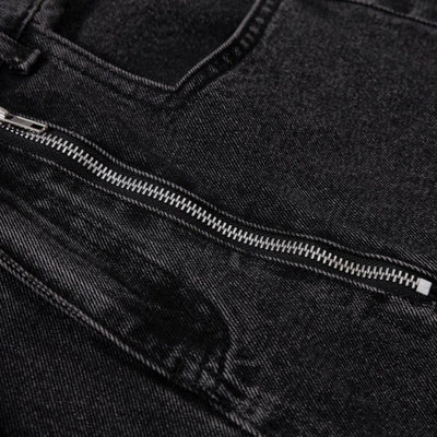 Men's Coated Curved Denim Pants Patchwork Pleated Loose Wide Leg