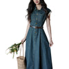 Cap Sleeve Belted Midi Denim Dress