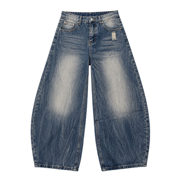 Bleached Fade Curved Leg Baggy Denim Jeans