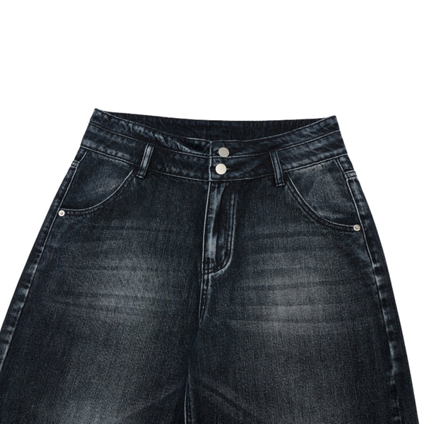 Double-Button Whiskered Wide-Leg Denim Shorts