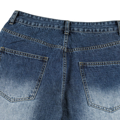 Deep Blue Washed Cat Whisker A-Line Straight Baggy Denim Jeans