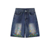 Floral Embroidery Washed Denim Shorts