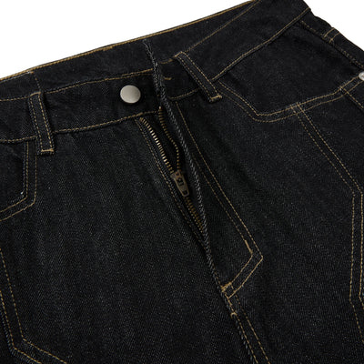 Raw Yellow-Stitch Wide-Leg Curved Baggy Denim Pants