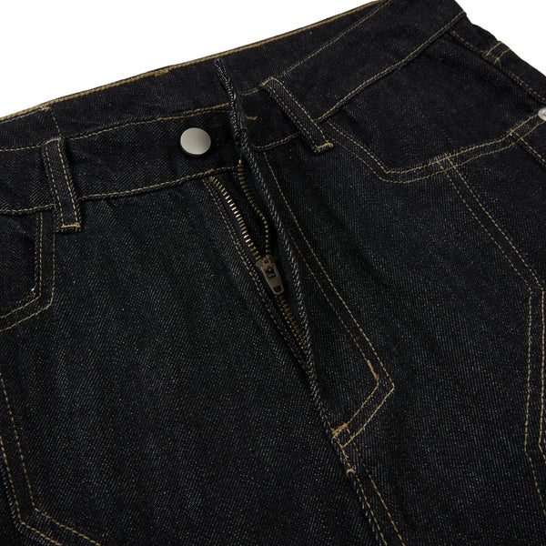 Raw Yellow-Stitch Wide-Leg Curved Baggy Denim Pants