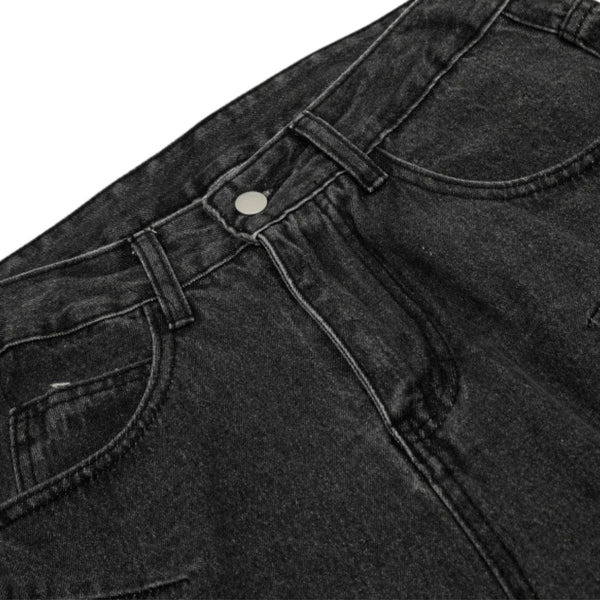 Men's Distressed Washed Denim Cargo Pants Wide Leg Unique Structured