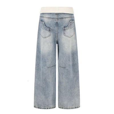 Contrast Waist Wide Straight Denim Jeans