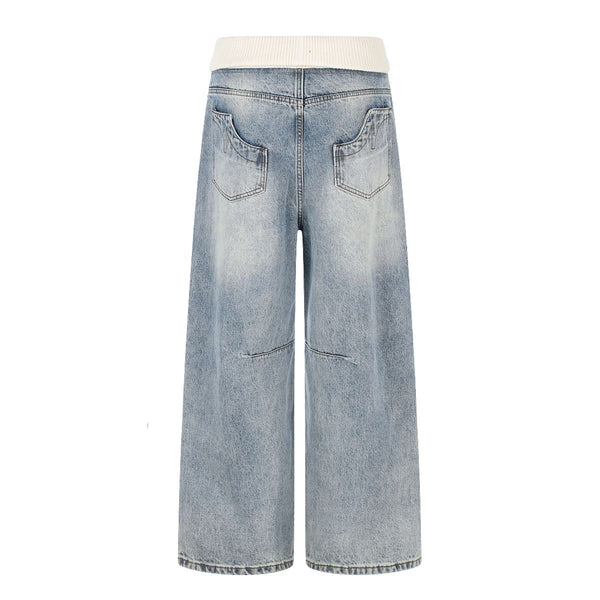 Contrast Waist Wide Straight Denim Jeans