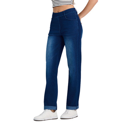 High Waisted Tummy Control Rolled Hem Straight Leg Washed Casual Jeans