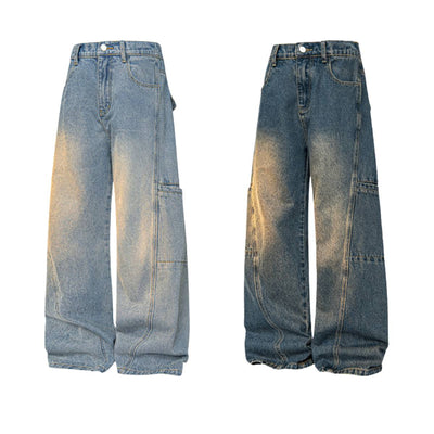 Faded Distressed Pleat Panel Oversized Loose Flared Jeans