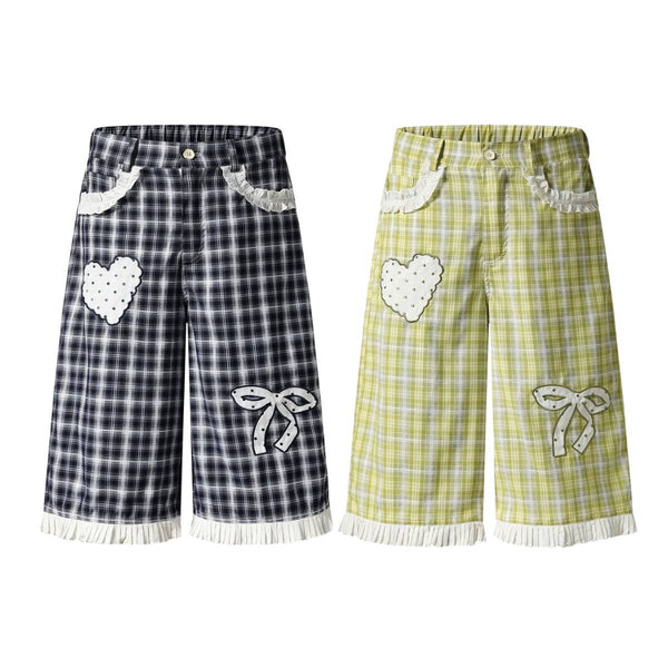 Washed Plaid Graphic Patchwork Bow Detail Relaxed Wide-Leg Capri Denim Pants