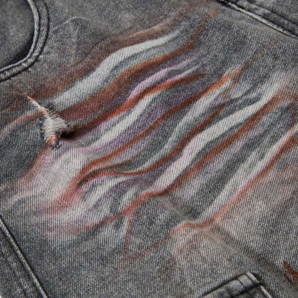 Men's Distressed Washed Denim Cargo Pants Wide Leg Paint Tie-Dye Unique