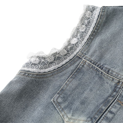 Vintage Wash Lace Trim Denim Vest