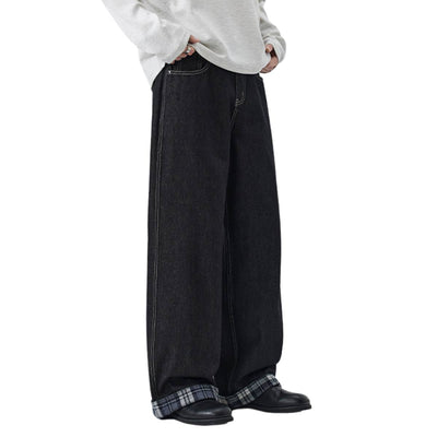 Contrast Stitch Black Wide-Leg Jeans