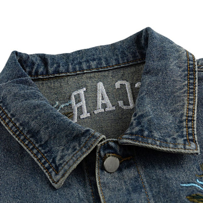 Casual Vintage Washed Floral Embroidered Hip-hop Denim Jacket