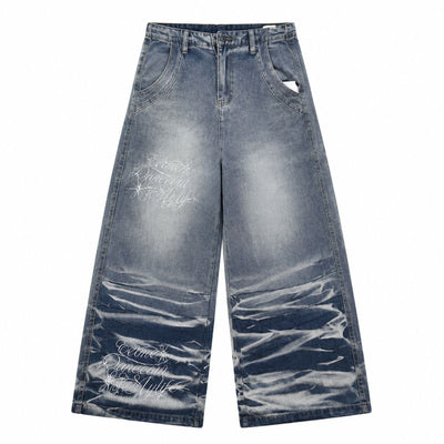 Washed Drawstring Wide Leg Denim Pants