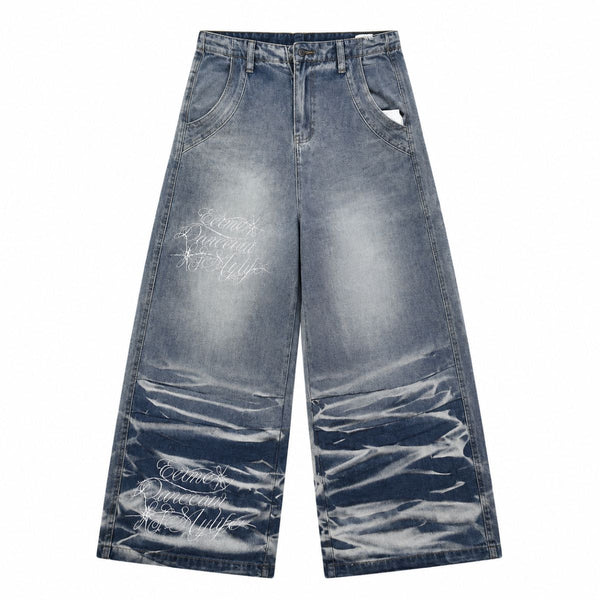 Washed Drawstring Wide Leg Denim Pants