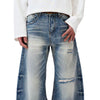 Washed Gradient Distressed Curved Leg Wide Denim Jeans