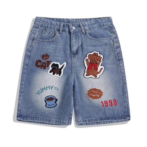 Cartoon Patch Loose Fit Denim Shorts