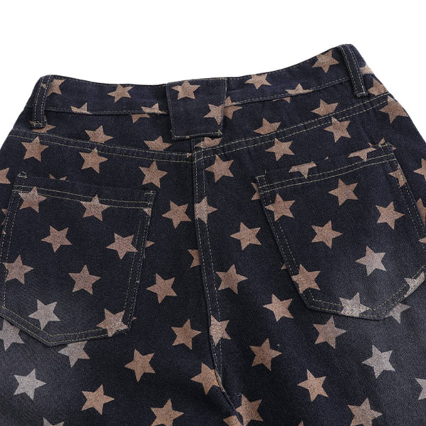 Vintage Star Print Loose Wide-Leg Denim Pants