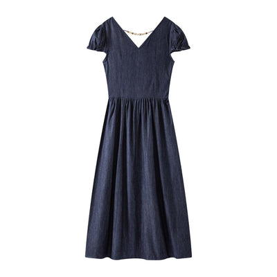 Puff sleeve Smocked Denim Midi Dress