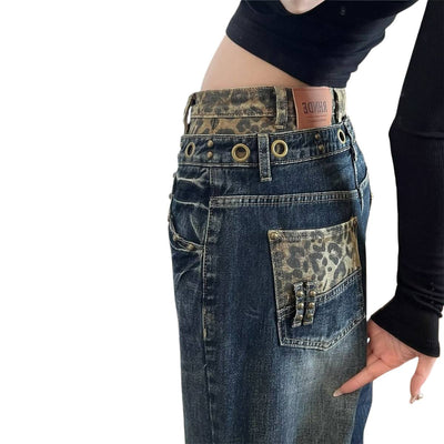 Vintage Washed Double-Waist Wide-Leg Denim Jeans