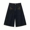 Embroidered Pocket Indigo Denim Shorts