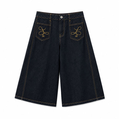 Embroidered Pocket Indigo Denim Shorts