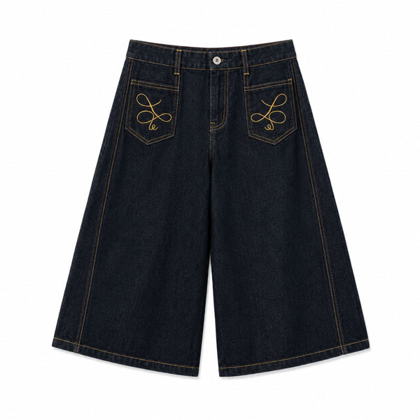 Embroidered Pocket Indigo Denim Shorts