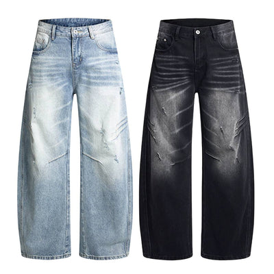 Washed Whiskered Balloon Fit Denim Jeans