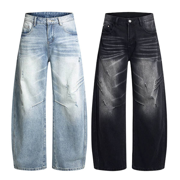 Washed Whiskered Balloon Fit Denim Jeans