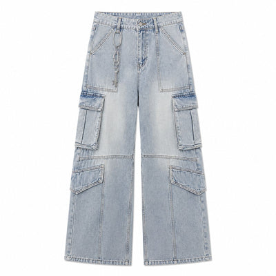 Vintage Wash Multi-Pocket Cargo Straight Leg Denim Jeans